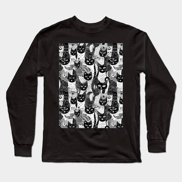 Black and white cats pattern Long Sleeve T-Shirt by One Eyed Cat Design